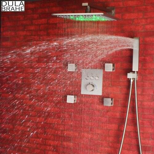 Bathroom Thermostatic Shower Faucet Set Conceal Rain Shower Mixer System 12 Inch LED Bath Brushed Rain Shower Head