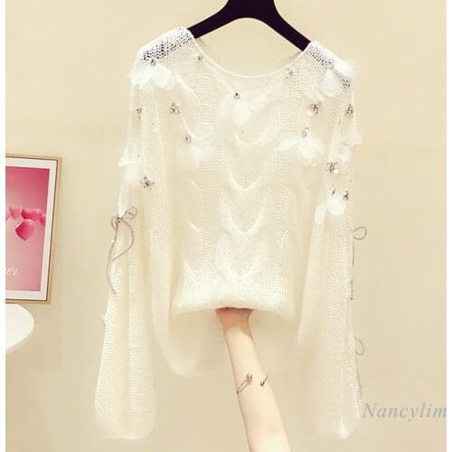 Rhinestone Three-Dimensional Petals Bow Round Neck Long Sleeve Thin Loose Sweater for Women 2021 Spring Ladies White Jumper