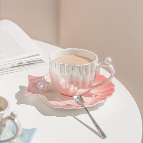 Super Beautiful Gradient Pearl Shell Coffee Cup Small Ceramic Mug High-end Cup and Saucer Set Afternoon Tea Tea Set Household