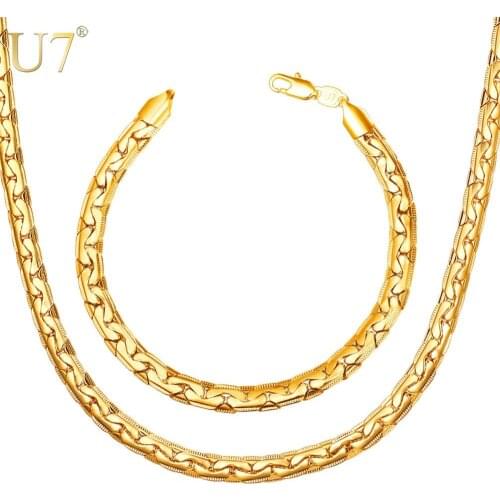 U7 New Snake Chain Bracelet Necklace Set For Men Gift Wholesale Trendy African Dubai Gold Color Jewelry Sets S1014