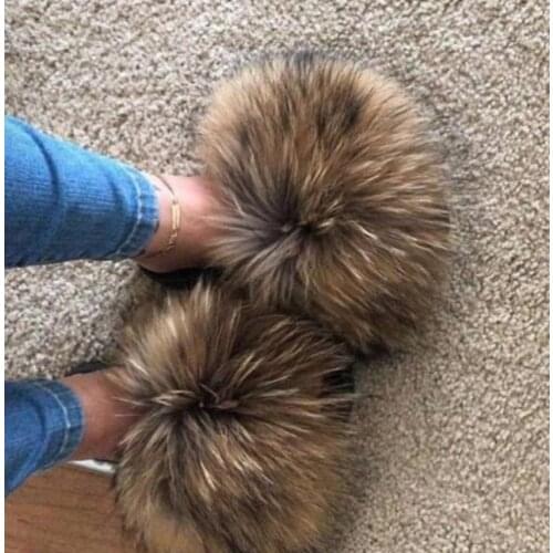 2021 Big Full Fur Slippers Real Fox Hair Slides Beach Slides holiday fox fur Slides for women Furry Fluffy Plush Shoes