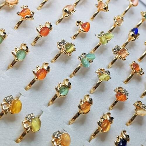 10PCS Mixed Cute Cartoon Rings For Women Imitation Opal Animals Engagement Finger Rings Party Gift Rings Wholesale Jewelry
