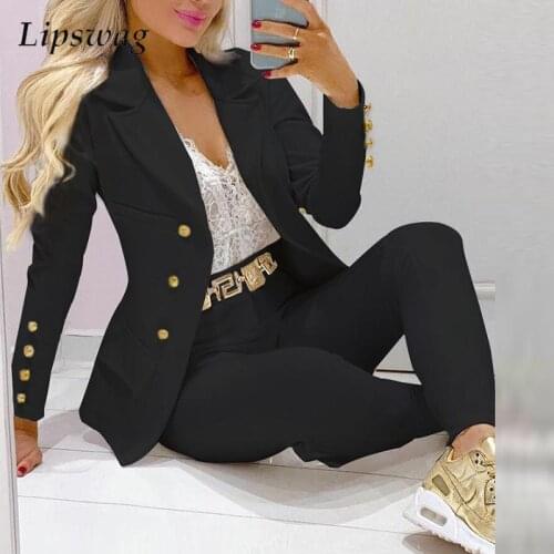 2021 Fashion Women Commute Solid Color Outfits Elegant Chic Single-breasted Jackets And High Waist Long Pants Sets Lady 2PC Sets