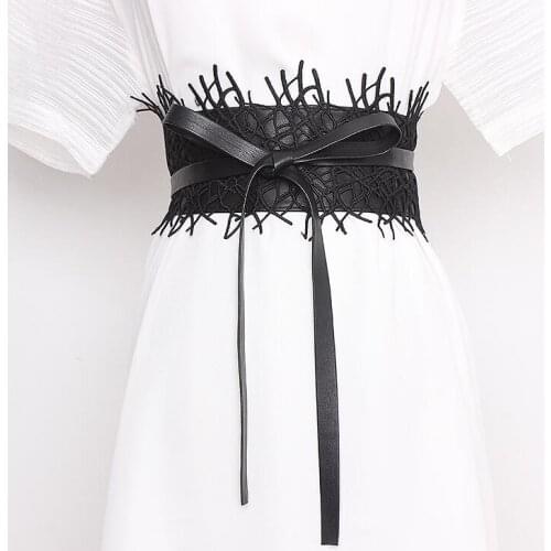 Womens runway fashion lace patchwork pu leather Cummerbunds female Dress Corsets Waistband Belts decoration wide belt R2335