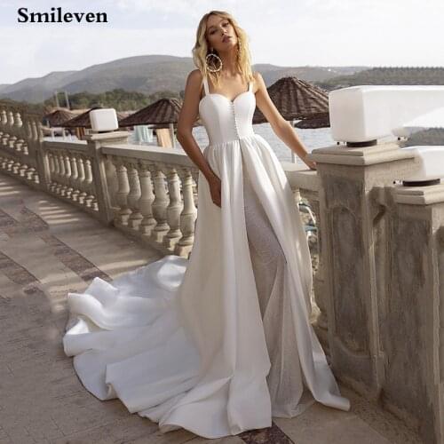 Smileven 2 Piece Wedding Dresses Satin A Line Ivory Lace Bride Dress Straps Glitter Tulle Back Wedding Gowns