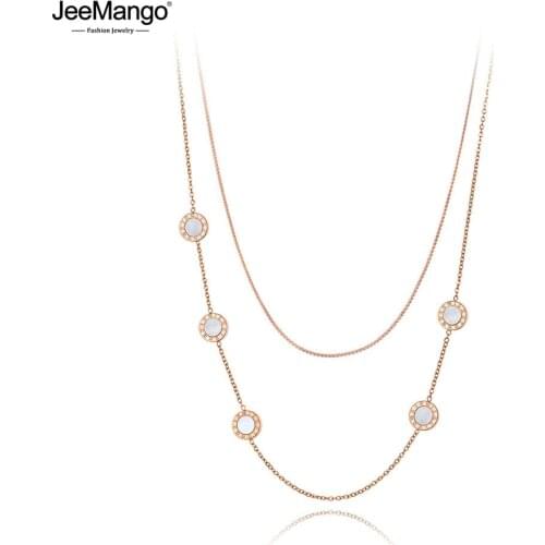 JeeMango Bohemia Titanium Stainless Steel Double-layer Chain Choker Necklace Roman Numerals Pendant Necklace For Women JN19207