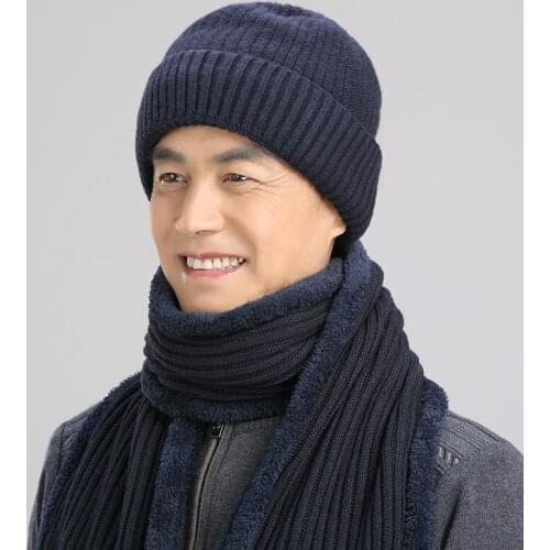 Winter Men Cap Middle-aged Dad Elderly Grandpa Knitted Wool Hat Male Outdoor Warm Leisure Plus Velvet Hats Soft Scarf Set H7145