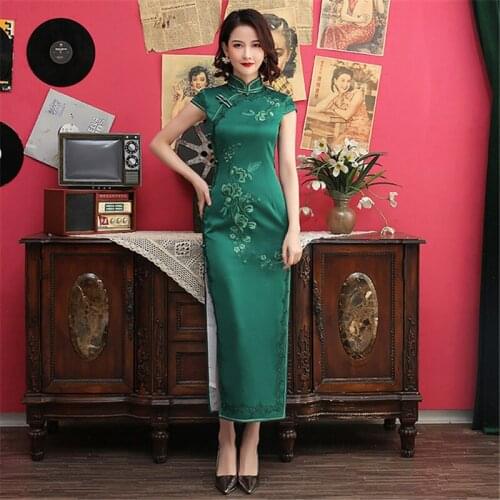 2020 Chinese Lingerie Mandarin Collar Dark Green High Split Qipao Vestido Oriental Long Tight Dress Cheongsam