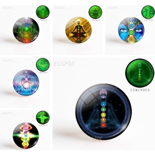 5PCS 25 MM Luminous Glass Cabochon Dome Chakra Yoga Jewelry Om Symbol Jewelry Supply Handmade Making Keychain Pendant DIY