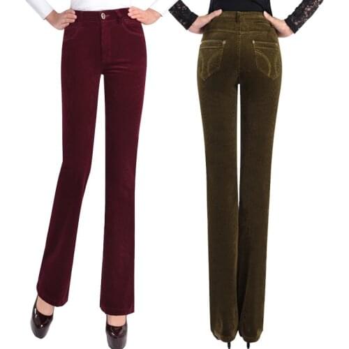 Large Size Womens Autumn Corduroy Pants High Waist Elastic Slim Straight Pants Middle-aged Female Casual Wide Leg Trousers 1744