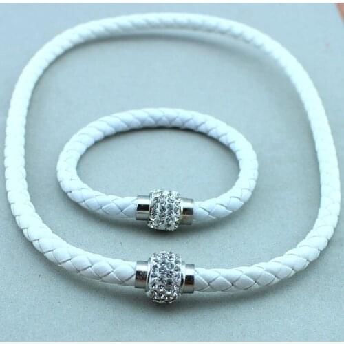Vintage White Leather Wrap Wristband Cuff Punk Magnetic Rhinestone Buckle Bangle Necklace Jewelry Sets Gifts Accessories Z371