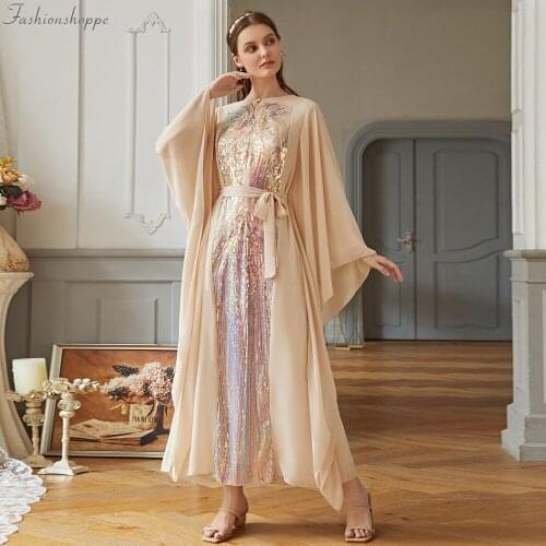 Sequins Long Dress Butterfly Sleeve Turkey Arabic Dubai Abaya Kaftan Beige Luxury Morocco Muslim Party Dresses Robe Gown
