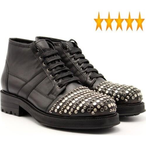Bottom Classic Rivet Handmade Thick Genuine Leather England Versatile Ankle Boots Mens Winter Black Lace Up Footwear Men Safety