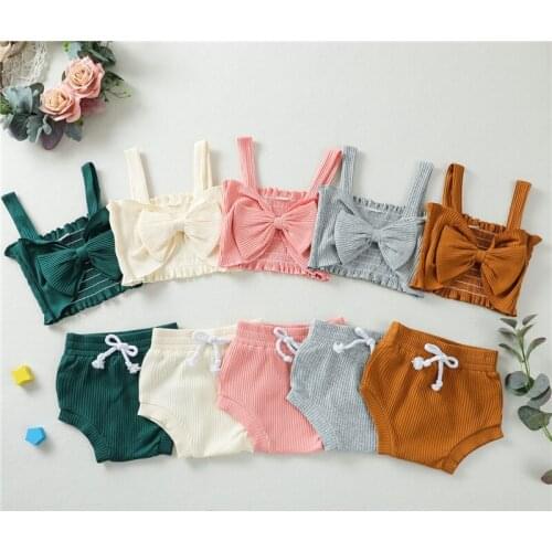 Blotona Baby Girls 2Pcs Summer Outfits, Sleeveless Bow Front Ribbed Knitted Tank Tops + Shorts Set, 0-24Months