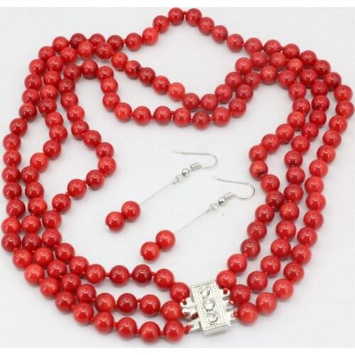 Natural red coral round beads 7mm jewelry set for women 3 rows necklace dangle earrings weddings anniversary gifts 17-19" B3455