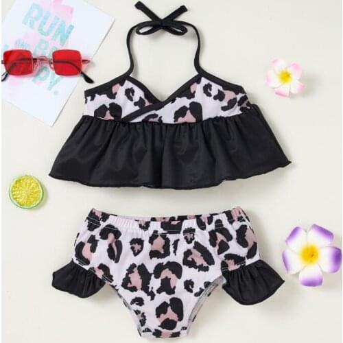 Summer Toddler Girls Two Piece Swimsuits Cute Mermaid/Leopard Halter Ruffle Bikini Tops+Bottom Set Swimwear