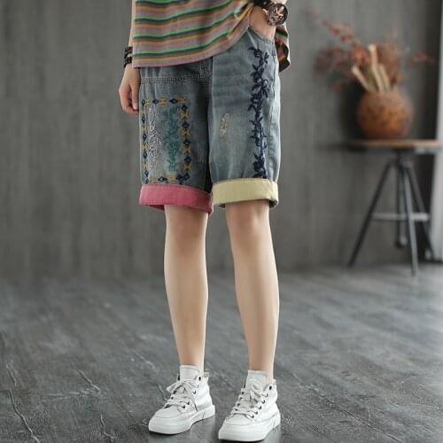 Summer Women Denim Shorts Female Vintage Flowers Embroidery Patch Shorts Woman Elastic Waist Loose Jeans Shorts
