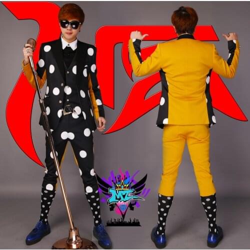 Mens Dot 3PCS Set Nightclub Male DJ Singer 2PM South Korea JUN.K Same Back White Khaki Stitching Coat Vest Trousers Suit Costume