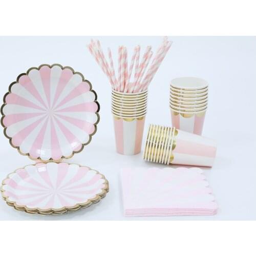 Gilding High-end Disposable Tableware Set Pink green Striped Paper Plates Cups Napkins Party Wedding Carnival Tableware Supplies