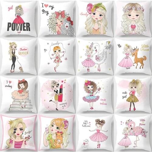 Cartoon Girl Printed Cushion Cover Holiday Decoration Pillow Case Pink Home Decor Cute Party DIY Accessories