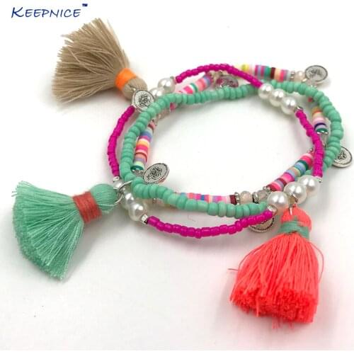 New Bohemia Boho chic bracelet rainbow color tassel charms bracelet multi layers colorful Seed beaded chain Bracelets for women