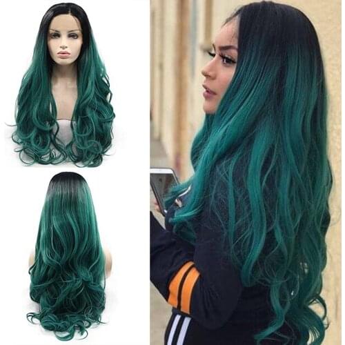 Ombre Green Lace Front Wigs Long Synthetic Wigs 2 Tone Color Black Root to Dark Green Wavy Side Part Hair Wig for Women