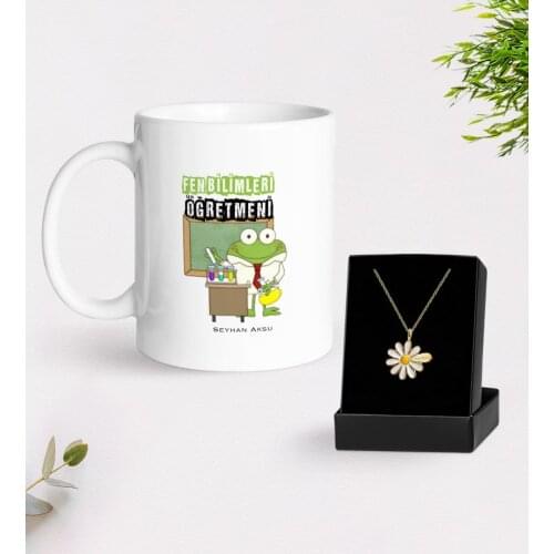 Personalized Science Teacher White Mug and Daisy Necklace Gift Seti-2