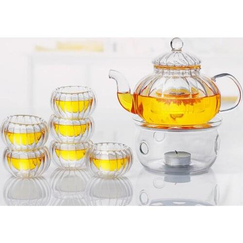Clear 600ml Glass Tea Pot 6 Cups Set Tealight Warmer Pumpkin Coffee Pot Kettle Infuser Home Kitchen Drinkware Coffee Tea Tools