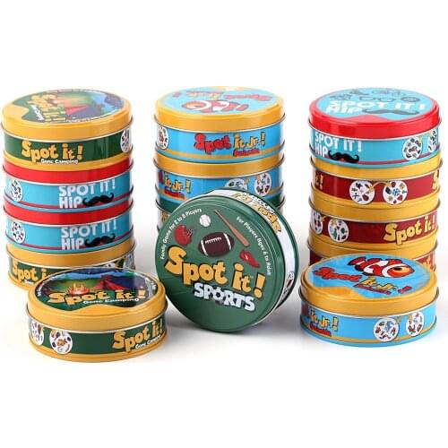 Promotion Dobble Spot It Card Toy Iron Box Gone Camping Sport Holidays Kids Board Game Gift
