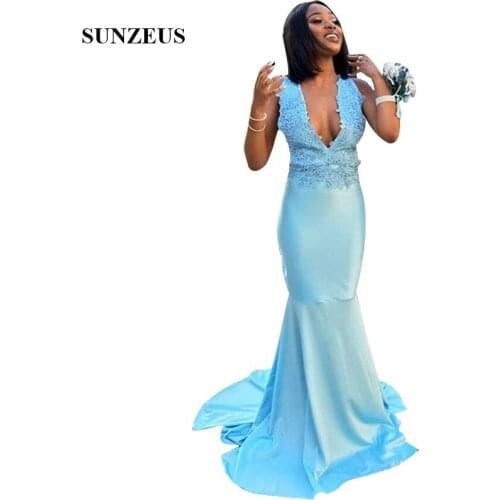Blue Mermaid Prom Dress 2019 V-neck Lace Straps Back Sexy Long Party Gowns With Appliques abiti da cerimonia da sera