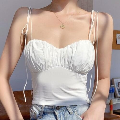Women Ruched Camis Crop Top Summer Elegant Slim Casual Streetwear Clothes Bandage Spaghetti Strap Tops 2020 Fashion White Vest