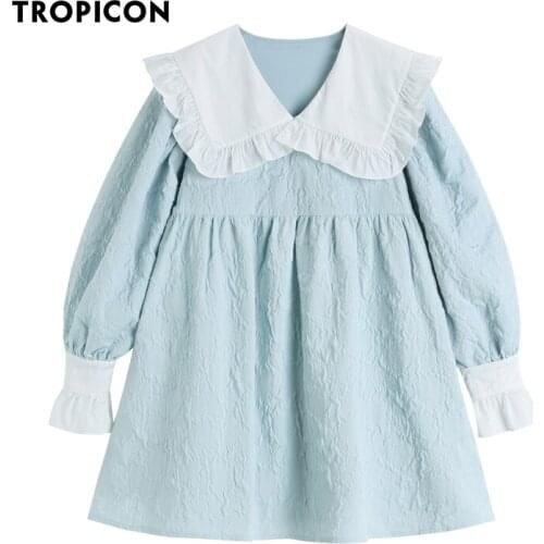 TROPICON Texture Light Blue Long Sleeve Spring Dress Women Peter Pan Collar Ruffle Loose Korean Fashion Cute Kawaii Dress 2021
