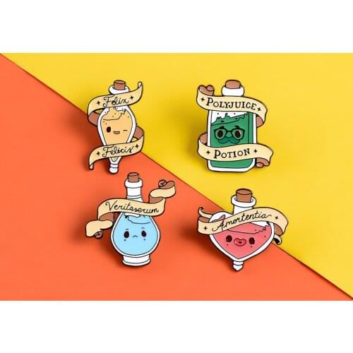Magic medicine bottle enamel pins Deformation Mantra Lucky Potion badges brooches Lapel pin Shirt bag Classic movie Jewelry gift