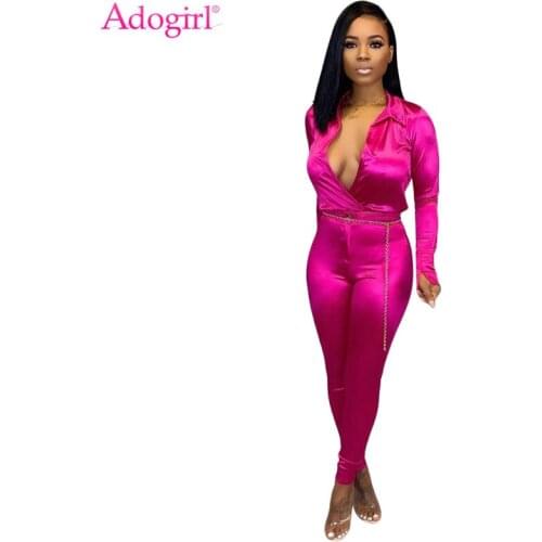 Adogirl Solid Office Lady Two Piece Set Sexy Deep V Neck Long Sleeve Shirt Top Pencil Pants Business Suit Women Fashion Clothing