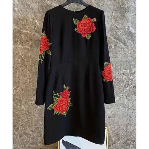 SS Women Party 2021 Dresses Long-sleeve Black Elegant Dress Embroidered Rose Waist Hugging Vintage Short Dress