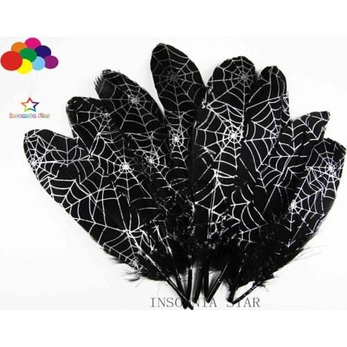10pcs 100% natural Dyed goose feather 15-25cm/6-10inch black Beautiful Silver Spider Web for Diy carnival costume mask headdress