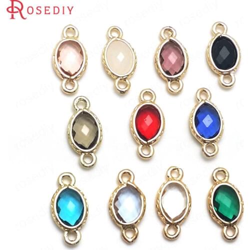 10PCS 15x7.5MM 24K Champagne Gold Color Brass and Glass 2 Holes Sharp Oval Connect Charms Pendants Jewelry Findings Accessories