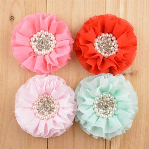 20pcs/lot 16 Color U Pick 3.15 Inch Large Chiffon Beaded Ruffled Flowers Pearl Rhinestone In Center DIY Hair Accessories FH24