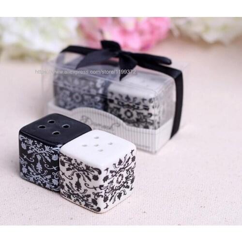 50sets Ceramic Salt and Pepper Shaker Shakers Black And White Damask Wedding Party Gift Favors Free Shipping