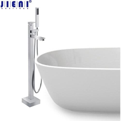 JIENI Floor Mounted Solid Brass Chrome Polish Bathroom Hot Cold Water Bathtub Shower Bath Mixer Faucet Set