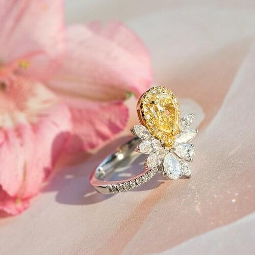 Solid 18K White Gold Centre 1ct Pear Yellow Moissanite Ring Side Marrquise Lab Diamond Engagement Ring Wedding Ring For Women