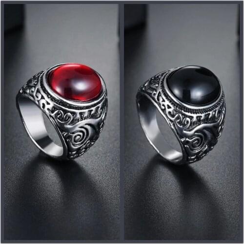 Retro Vintage Ring Bohemia Black Red Round Natural Stone Rings Adjustable Relief Ancient Men Antique Women Ethnic Jewelry