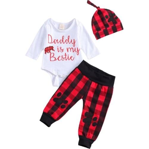 Baby Girl Christmas Clothes Set Newborn Infant Cute Baby Three-Piece Suit Long Sleeve Letter Top Romper Red Plaid Long Pants Hat