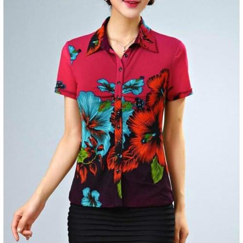 Summer 2017 Casual Womens Painted Floral Pattern Short Sleeve Stretch Blouse , Shirt For Woman , Female 4XL 3XL Painted Blouses