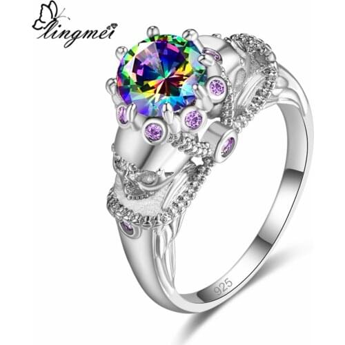 Lingmei Wholesale Wedding Band Luxury Fashion Round Multi & White & Black Cubic Zircon Silver Color Skull Ring Size 6-9 Mystic