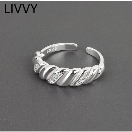 LIVVY Minimalist Silver Color Zircon Twill Twist Geometric Rings For Women New Fashion Vintage Handmade Party Jewelry Gifts