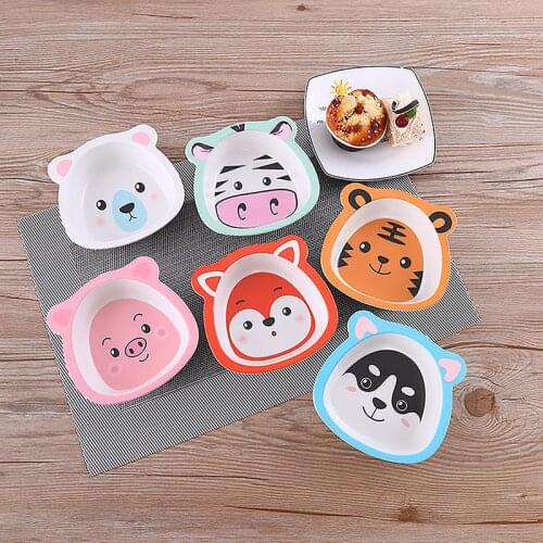 Natural Cartoon Bamboo Fiber Baby Solid Food Bowl Drop-Resistant Childrens Cute Feeding Tableware Infant Toddler Portable Plate