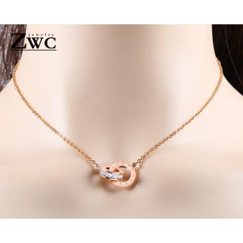 ZWC Fashion Charm Roman Digital Double Circle Pendant Necklace for Women Girls Party Titanium Steel Rose Gold Necklaces Jewelry