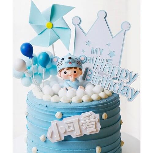 Mouse Boy Girl and Windmill Pink Blue Cake Topper For Kids Happy Birthday Party Decoration Baby Shower Supplies Lovely Gifts