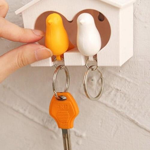 New 2Pcs Bird Keychain + 1Pc Sparrow Birdhouse Home Wall Mount Key Ring Holder Decor